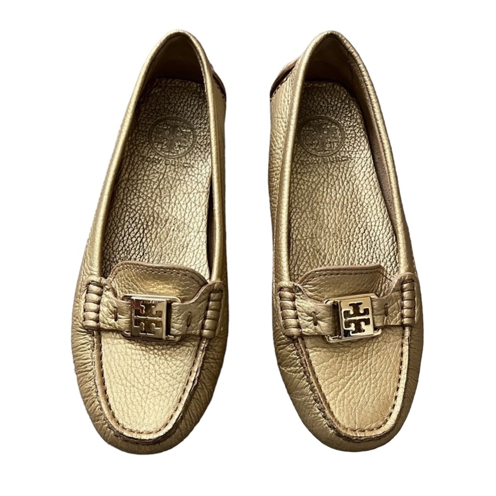 TORY BURCH KENDRICK GOLD LOGO FLAT LEATHER DRIVING LOAFER SHOE SIZE 7